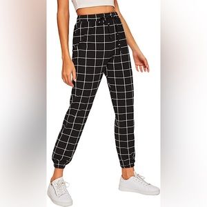 Women's Tie High Waist Striped Plaid Casual Long Pants with Pockets